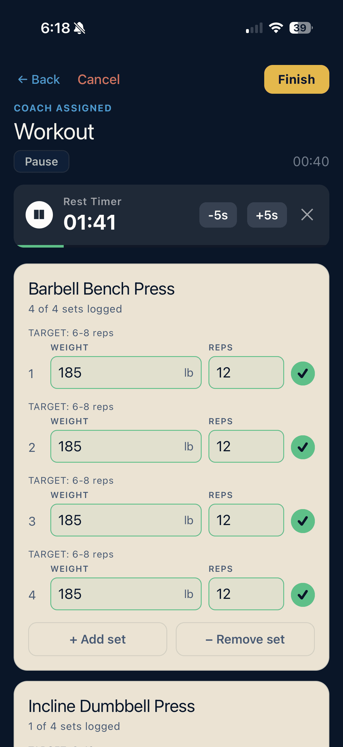 HollyFit workout in progress - logging sets with a rest timer