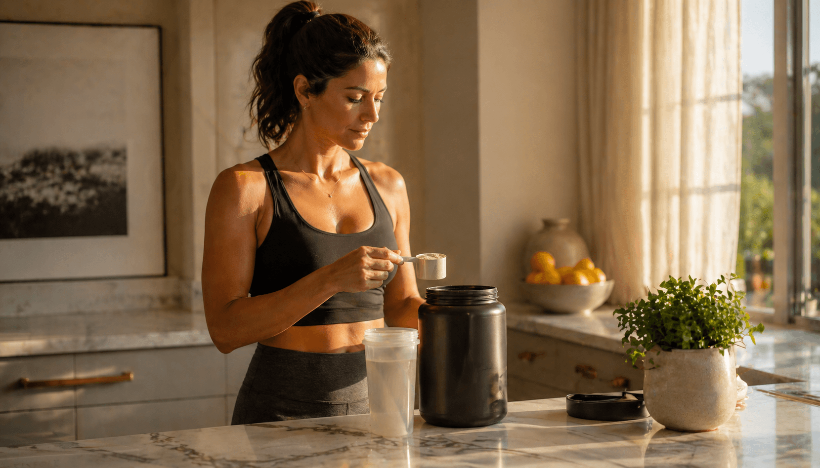 Woman preparing nutrition support in her kitchen
